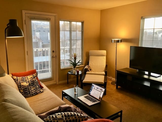 a living room with a laptop on a coffee table