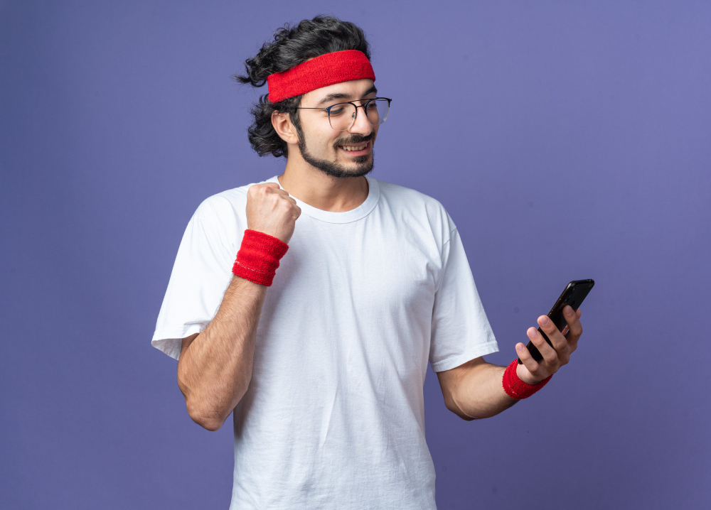 Smiling young sporty man wearing headband with wristband holding and looki Smiling young sporty man wearing headband with wristband holding and looki