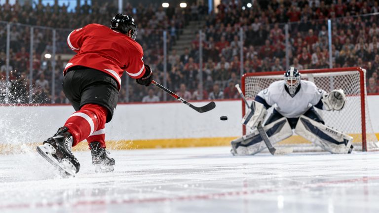 AI-generated illustration of fictional hockey players taking a shot on goal; not a photograph of the Calgary–Carolina game.