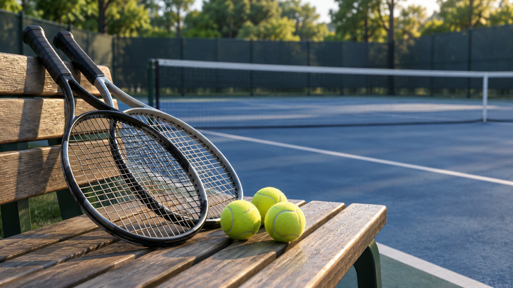AI-generated tennis illustration AI-generated illustration of unbranded tennis rackets and balls beside an empty court; not the players’ belongings.