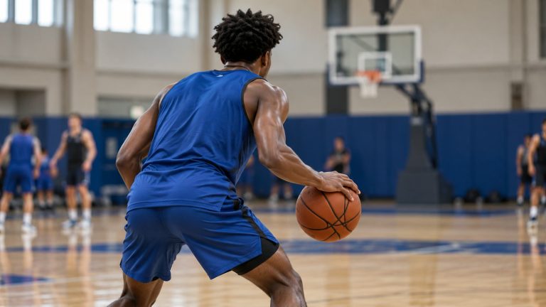 AI-generated illustration of a fictional basketball guard practicing in a blue uniform; not a photograph of Cason Wallace.