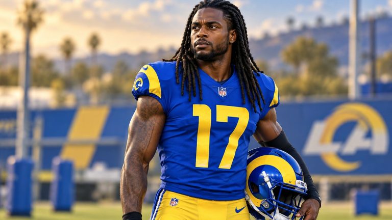 Illustration of Davante Adams in a blue Rams No. 17 jersey holding a helmet