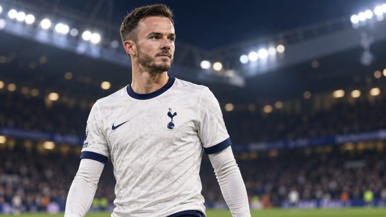 James Maddison in Tottenham’s white and navy home kit