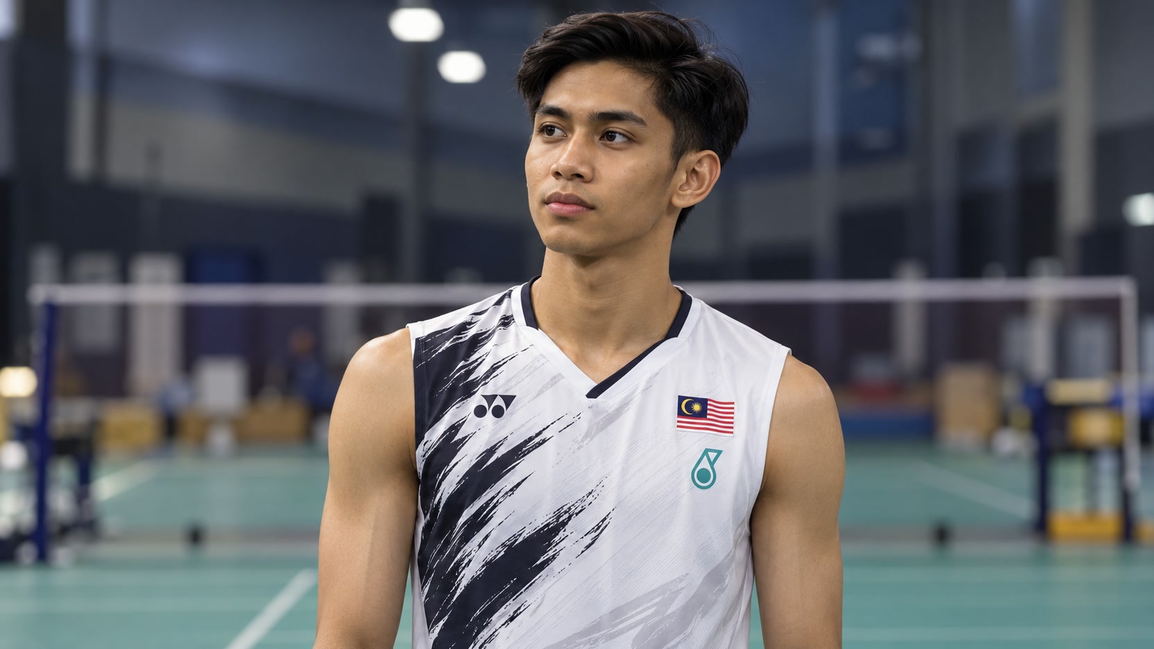 Wan Arif Wan Junaidi wearing Malaysia’s white and black badminton jersey