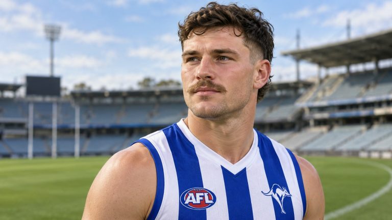 Cooper Harvey wearing North Melbourne’s blue and white guernsey