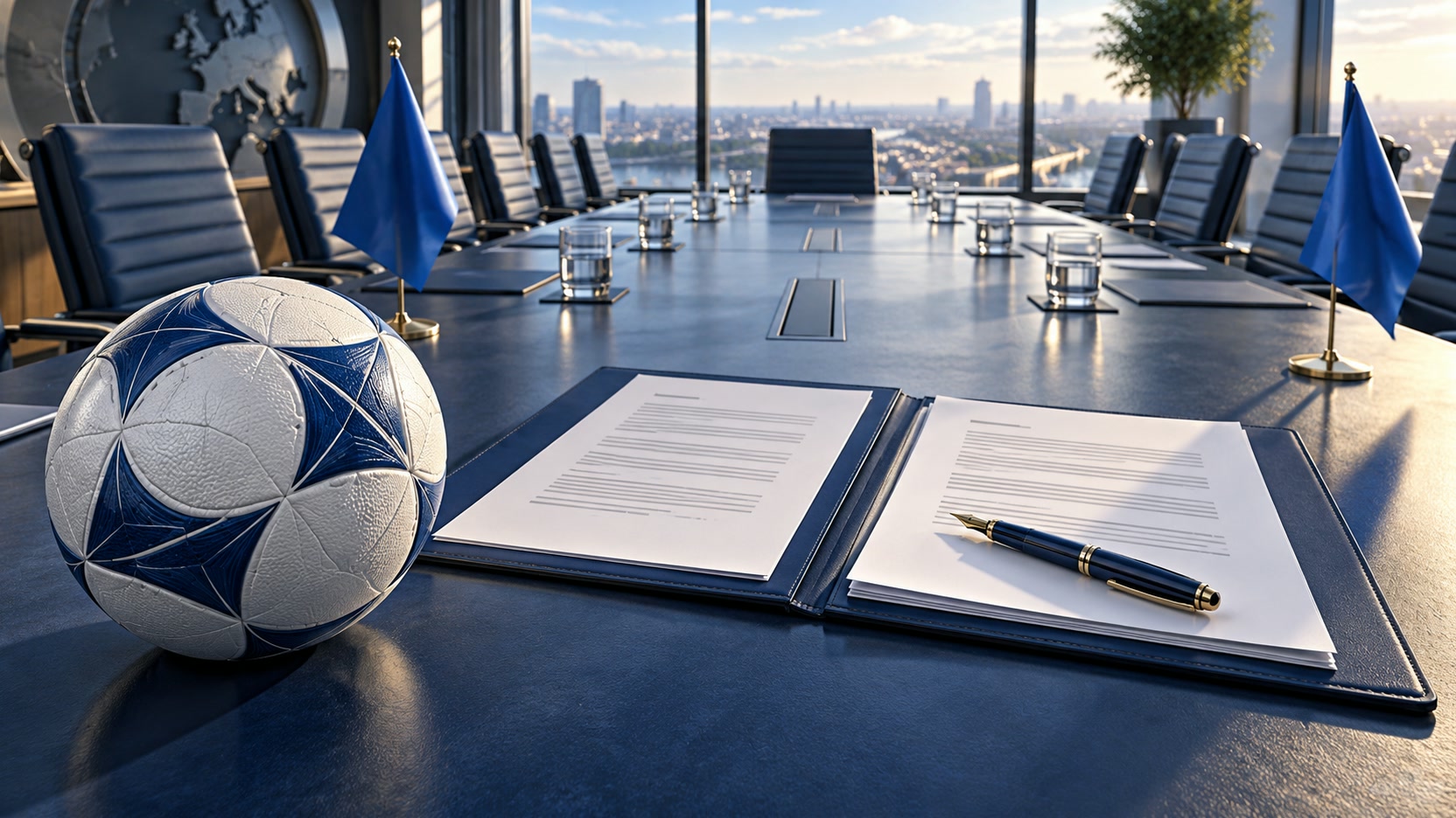 Football governance correspondence Editorial illustration of a football and correspondence folder on a boardroom table