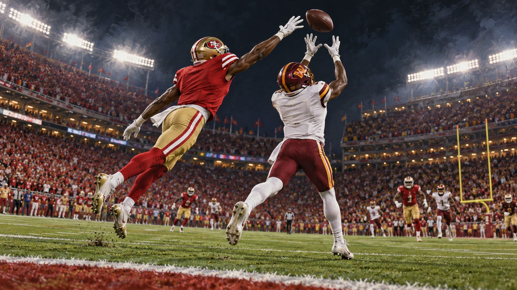 AI-generated editorial illustration of a 49ers defender contesting a pass against a Commanders receiver