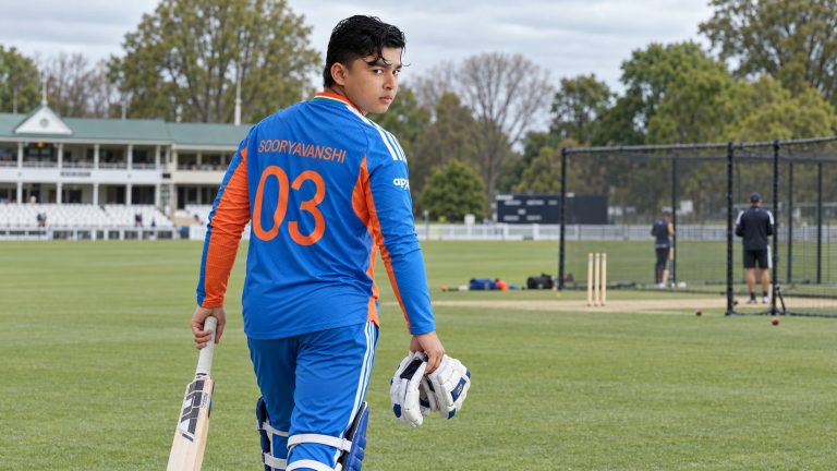 AI-generated editorial image of Vaibhav Sooryavanshi wearing India jersey 03 at a cricket practice ground