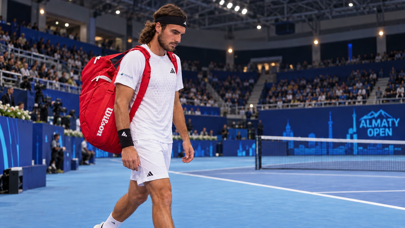 AI-generated editorial image of Stefanos Tsitsipas in white Adidas tennis kit carrying a red Wilson bag beside an indoor court