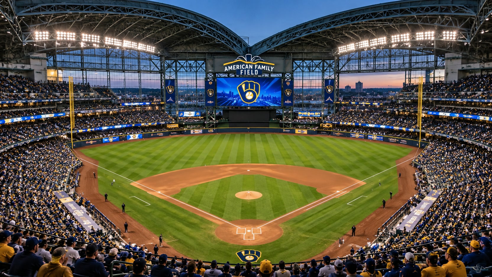 American Family Field before Brewers-Rays World Series American Family Field in Milwaukee at dusk with the baseball diamond and stadium seating visible