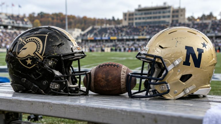 Army Black Knights and Navy Midshipmen helmets beside a football on a sideline bench
