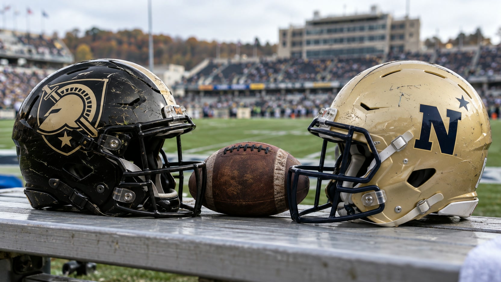 Army Black Knights and Navy Midshipmen helmets beside a football on a sideline bench