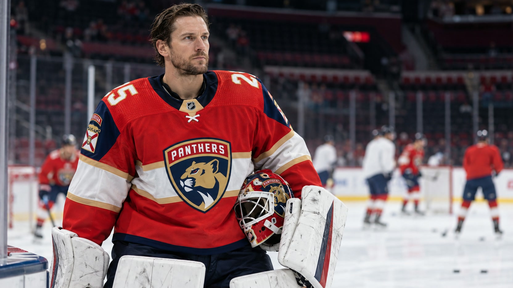 Jacob Markstrom in Florida Panthers goaltending equipment Jacob Markstrom in a red Florida Panthers No. 25 jersey holding a goalie mask beside the rink.