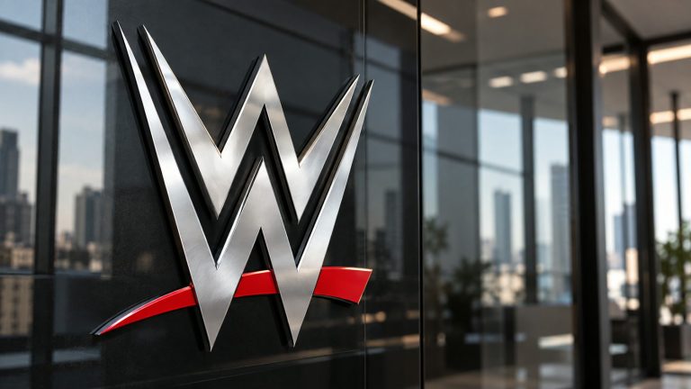 A silver WWE logo with a red underline mounted on dark glass.