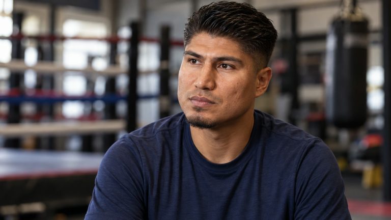 Mikey Garcia wearing a navy training shirt with a boxing ring in the background.