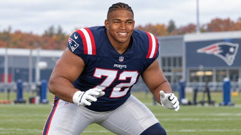 Walter Rouse in a navy New England Patriots No. 72 jersey and silver pants in a blocking stance on a practice field.