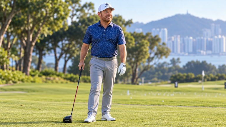 Louis Oosthuizen in a navy patterned polo and white cap holding a driver on a golf practice fairway