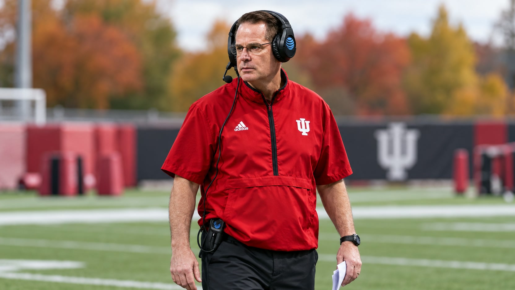 Curt Cignetti wearing a crimson Indiana pullover, glasses and a headset, holding a play sheet beside a football practice field.