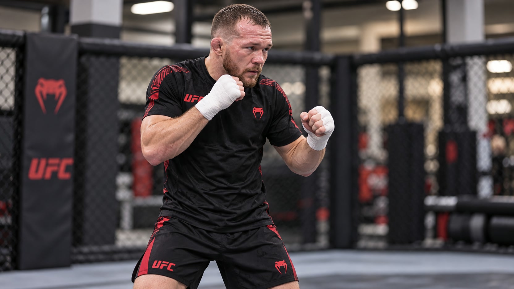 Petr Yan preparing in an MMA gym Petr Yan in black and red UFC Venum training clothes holds his wrapped hands in a boxing guard beside a training cage.