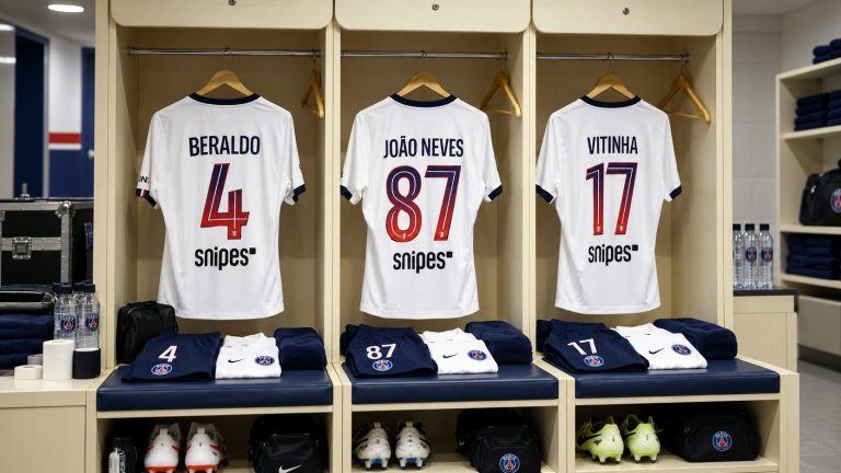 White PSG shirts for Beraldo, João Neves and Vitinha hanging in a dressing room, with numbers 4, 87 and 17.