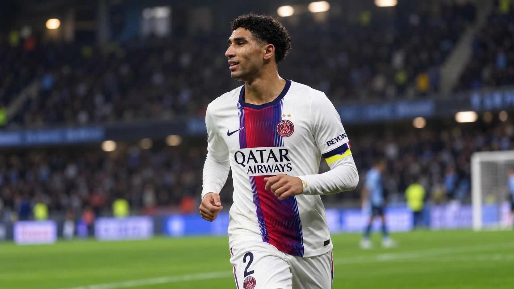 Achraf Hakimi jogging in PSG’s white away kit with red-and-navy center stripe, number 2 shorts and a yellow captain’s armband.